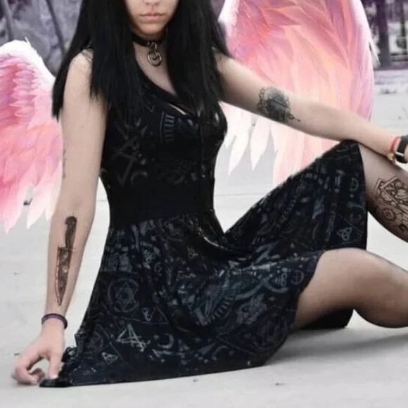 Killstar Vicky Veil Black Skater Dress Occult Print Size Medium - Picture 2 of 14